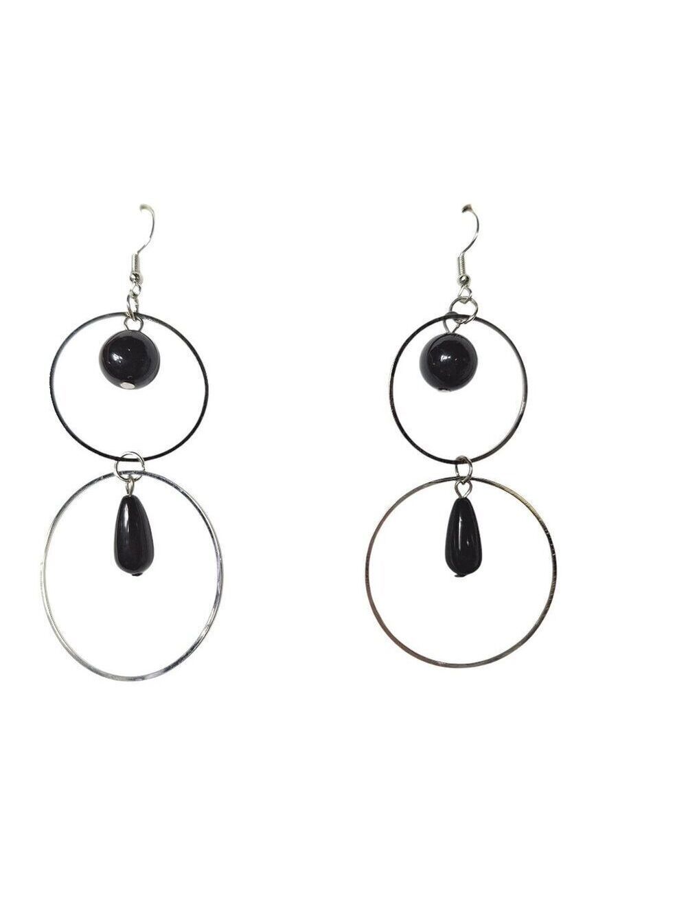 Silver Tone Hoop Earrings Black Bead Stacked Costume Jewelry